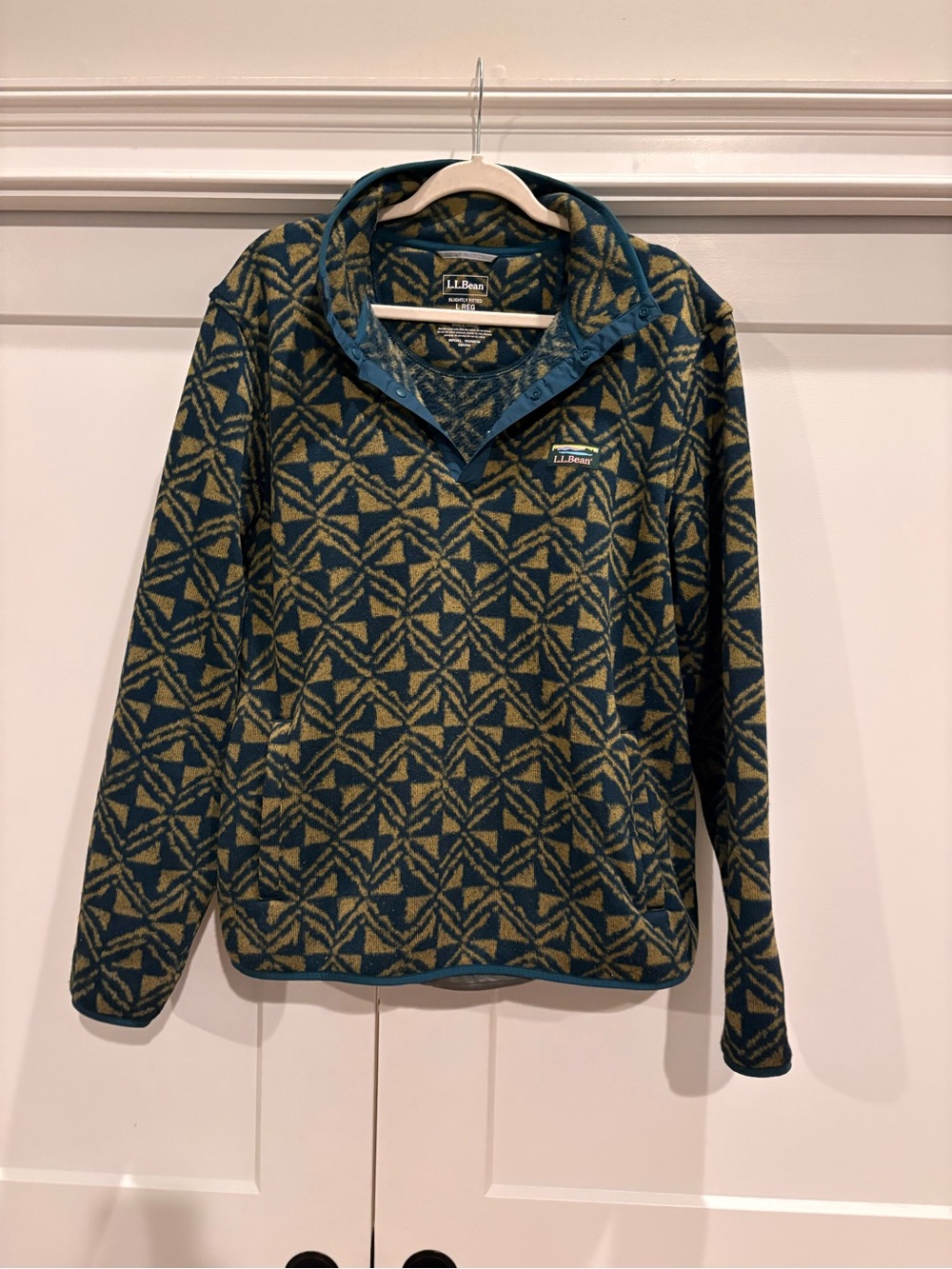 L.L.Bean Patterned Fleece Snap Pullover - Teal & Mustard